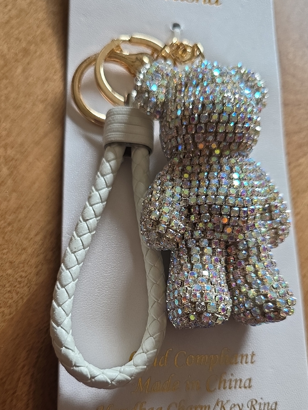 Viral Natasha Sparkling Rhinestones Bear Bag Charm/Key Ring with White Strap - Picture 3 of 6